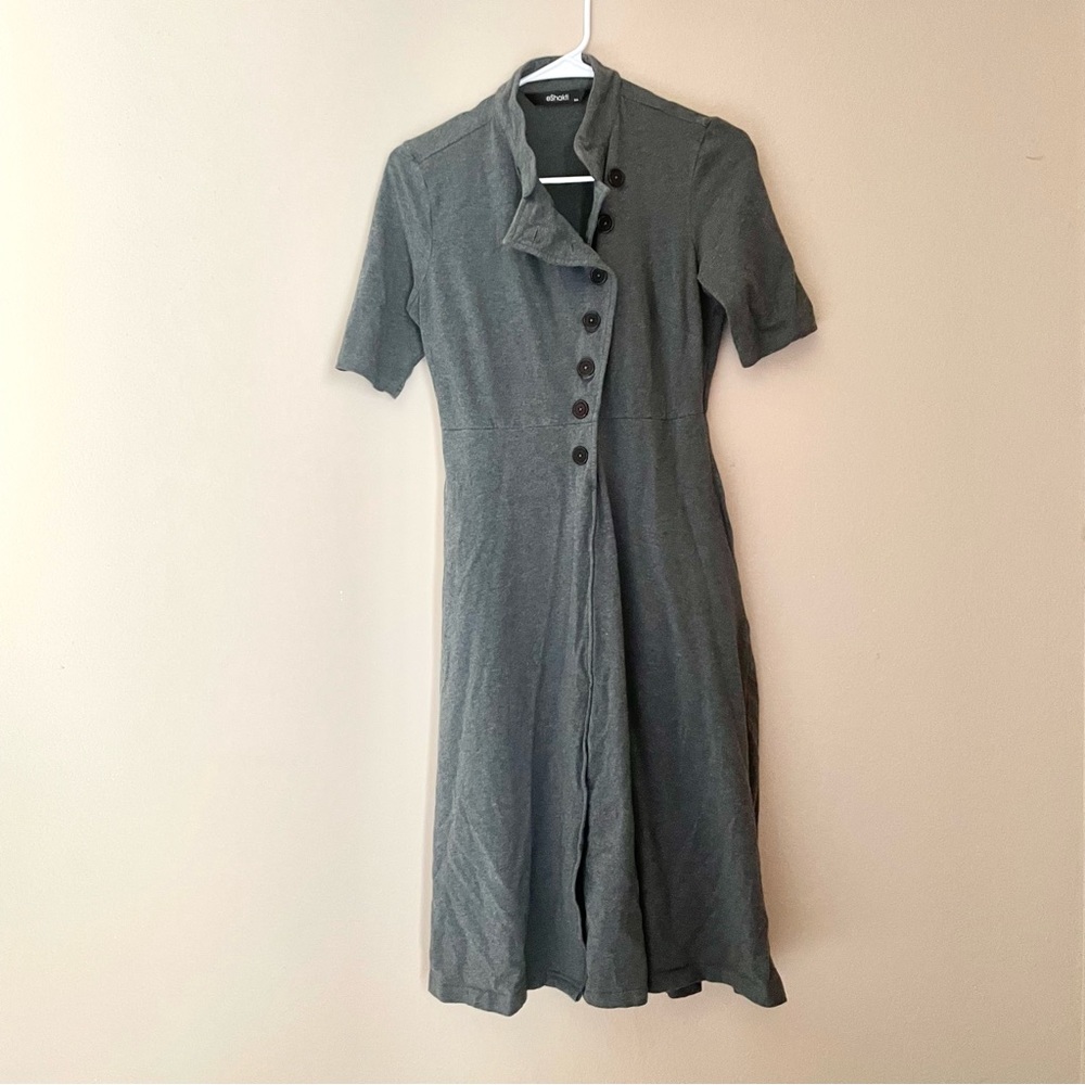 Grey button down dress with pockets and bra strap keepers